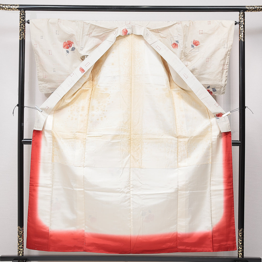 紬 袷 身丈159cm 裄丈66cm 正絹 Cランク カジュアル バチ衿 Mサイズ 花柄 クリーム系 LP 1223-15613
