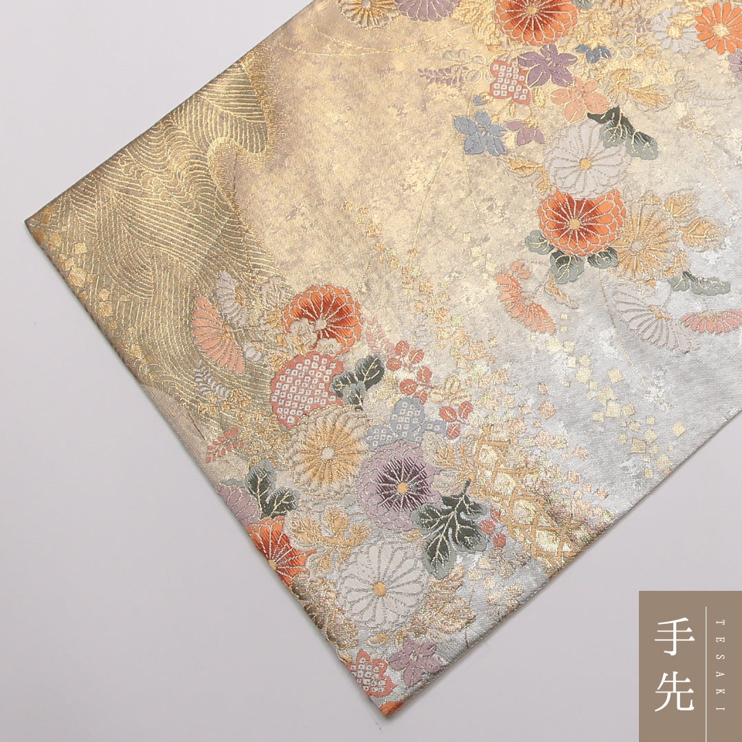 袋帯 帯丈440cm 正絹 六通 フォーマル 琳派 光悦垣 光琳波 四季草花 金系 1243-01458