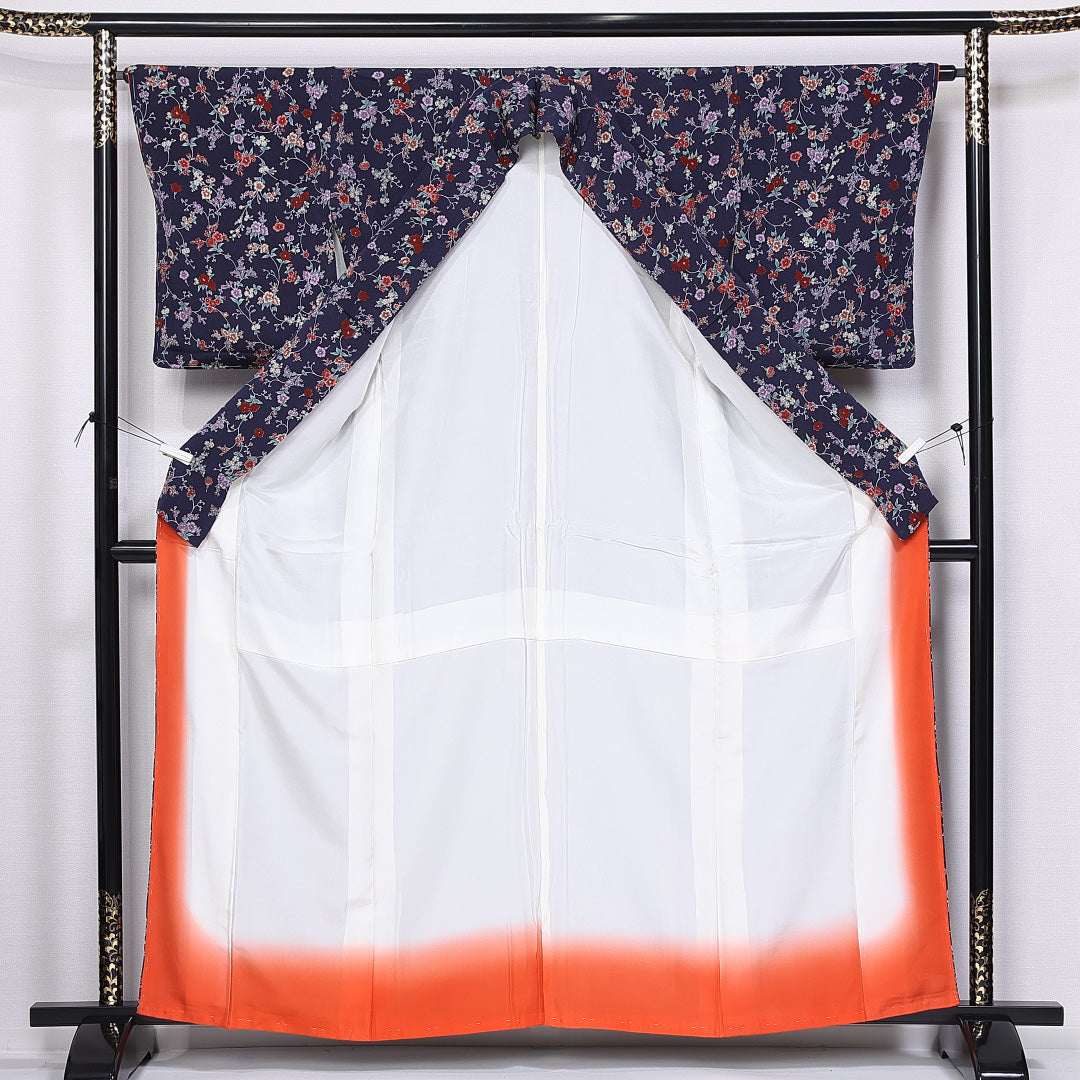紬 袷 身丈160cm 裄丈62cm 正絹 Aランク カジュアル 広衿 Lサイズ 撫子 紺系 RP 1223-11290
