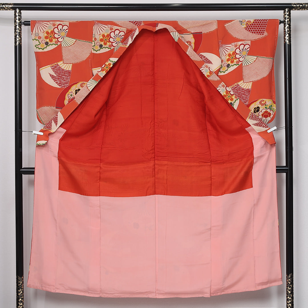 アンティーク 小紋 (錦紗) 袷 身丈151cm 裄丈64cm 正絹 Aランク バチ衿 Sサイズ 扇 亀甲 花柄 朱系 M4 1221-12022