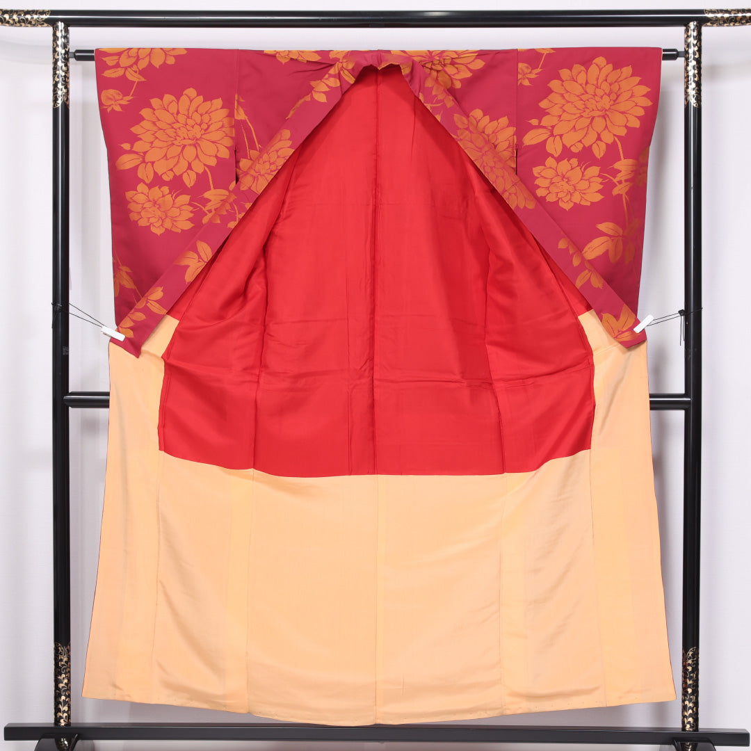 アンティーク お召 袷 身丈155cm 裄丈62cm 正絹 Aランク 広衿 Mサイズ 菊 赤系 M4 1222-11496