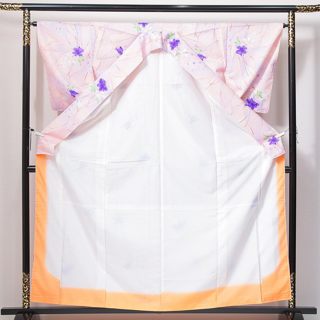 小紋 洗える着物 袷 身丈160cm 裄丈62cm ポリエステル Aランク Lサイズ 広衿 インフォーマル 花柄 ピンク系 紫系 1215-14973
