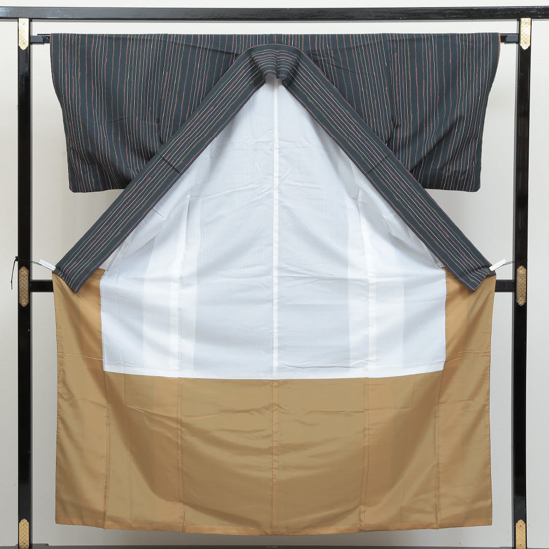 小紋 洗える着物 袷 身丈156cm 裄丈67cm ポリエステル Bランク Mサイズ 広衿 インフォーマル よろけ縞 紺系 緑系 1215-00971