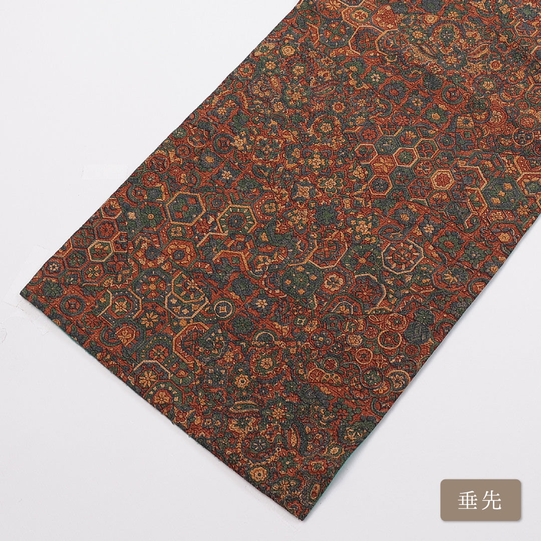 名古屋帯 帯丈418cm 六通 名古屋仕立て Sランク カジュアル 更紗 ちりめん 正絹 茶系 1224-00922