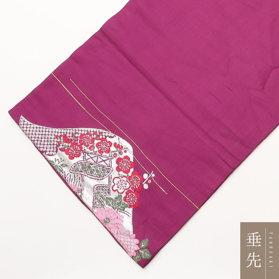 アンティーク 名古屋帯 ポイント柄 帯丈332cm Aランク 正絹 扇 四季草花 紫系 1224-02114