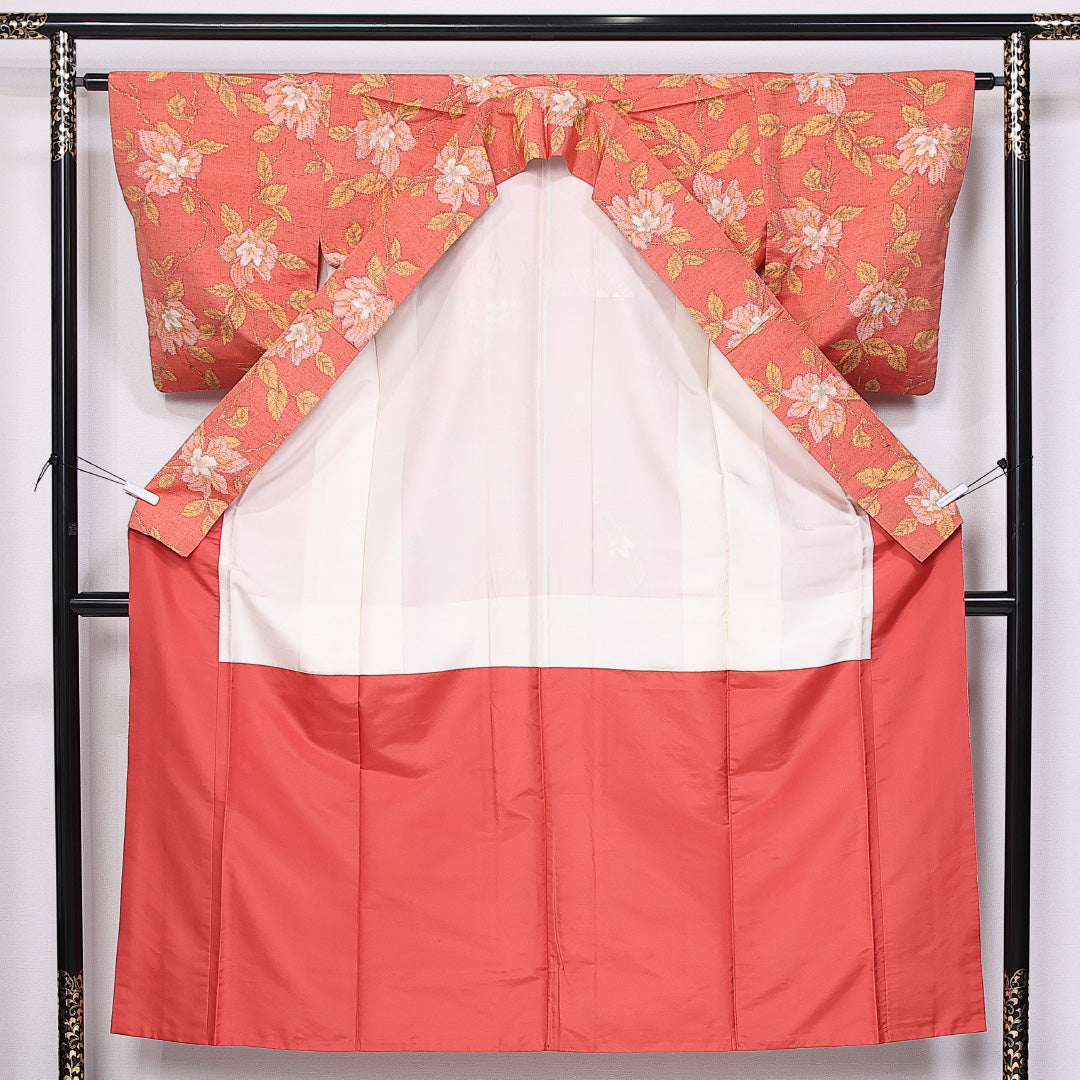 紬 袷 身丈152cm 裄丈63cm 正絹 Aランク カジュアル 広衿 Sサイズ 花柄 ピンク系 HP 1223-11023