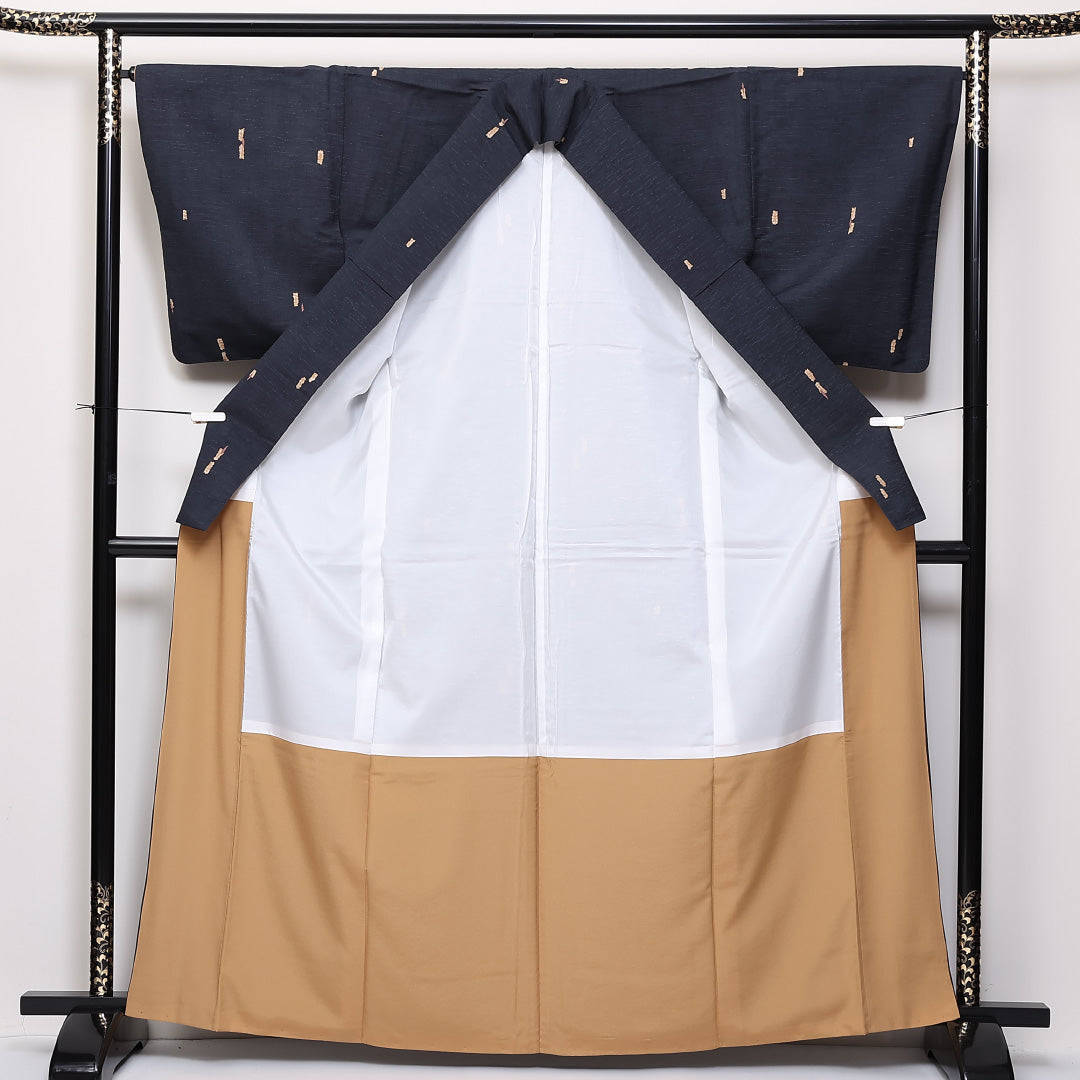 紬 袷 身丈166cm 裄65.5cm 洗える着物 ポリエステル 創作 紺系 Sランク 1216-01367