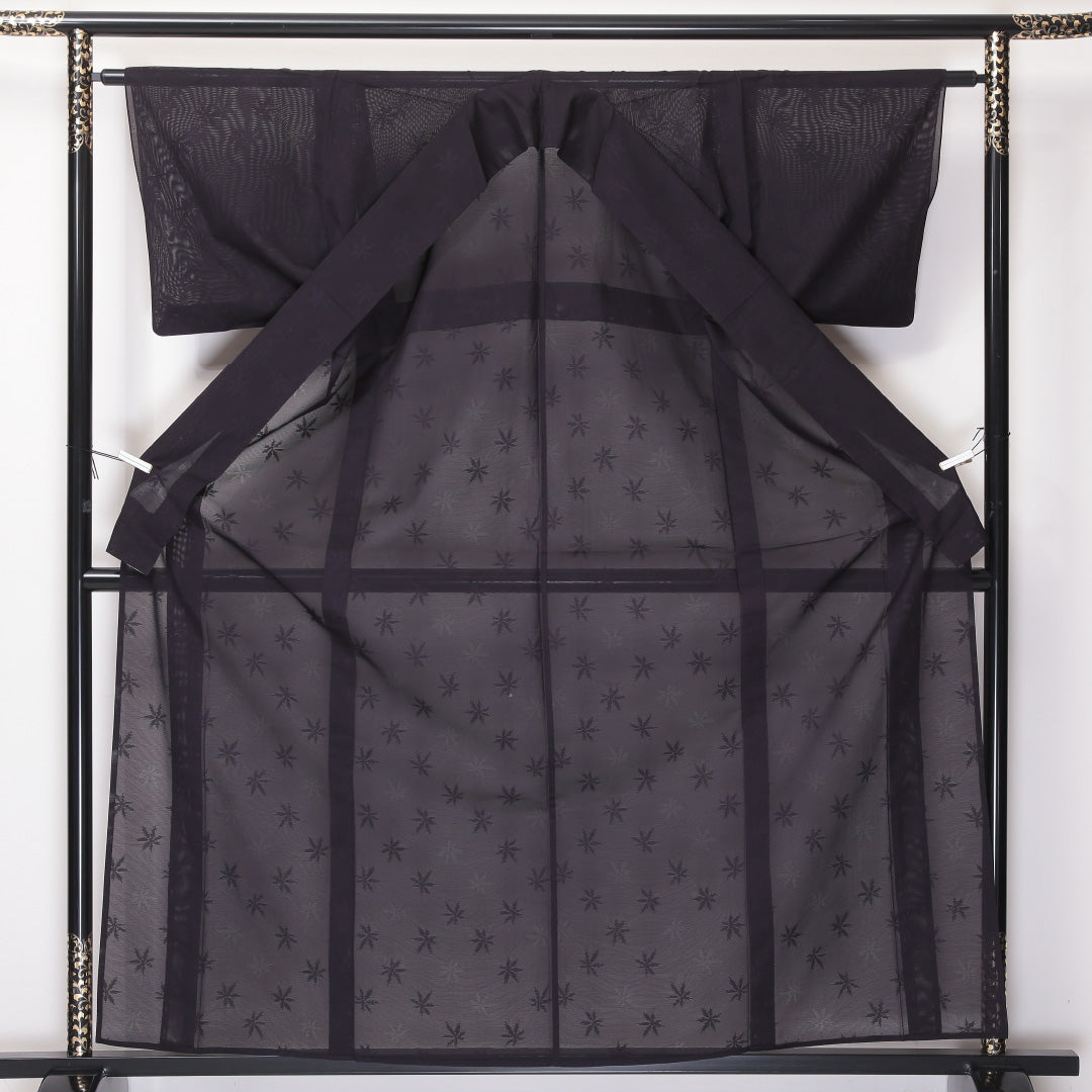 色無地 夏物 紗 身丈162cm 裄丈62cm 正絹 Aランク Lサイズ 広衿 インフォーマル 紋意匠 紅葉 紫系 1214-05253