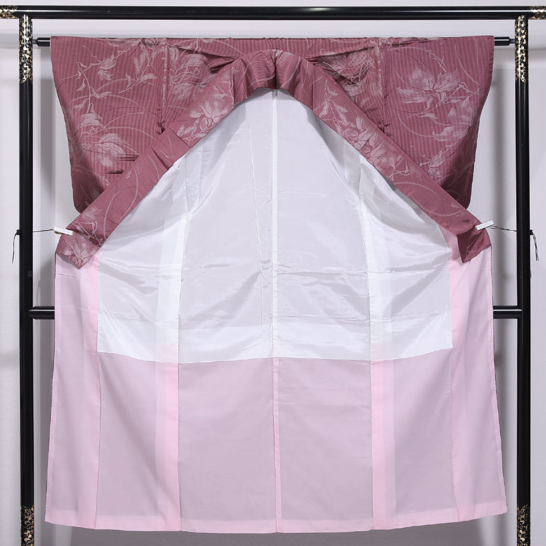 洗える着物 紬 袷 身丈147cm 裄丈61cm ポリエステル Sランク カジュアル 広衿 XSサイズ 百合 ピンク系 RP 1223-11791