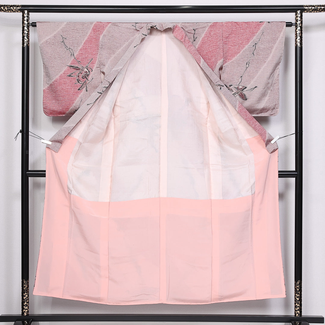 紬 袷 身丈158cm 裄丈62cm 正絹 Aランク カジュアル バチ衿 Mサイズ 花柄 ピンク系 RP 1223-10465