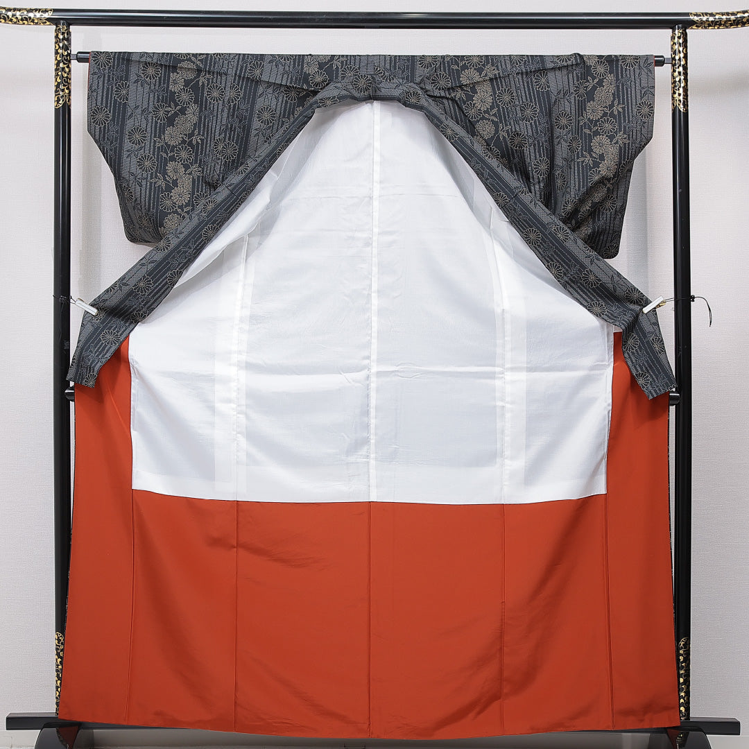 紬 袷 身丈165cm 裄丈64cm 正絹 Sランク カジュアル 広衿 XLサイズ 菊 グレー系 RP 1223-15630