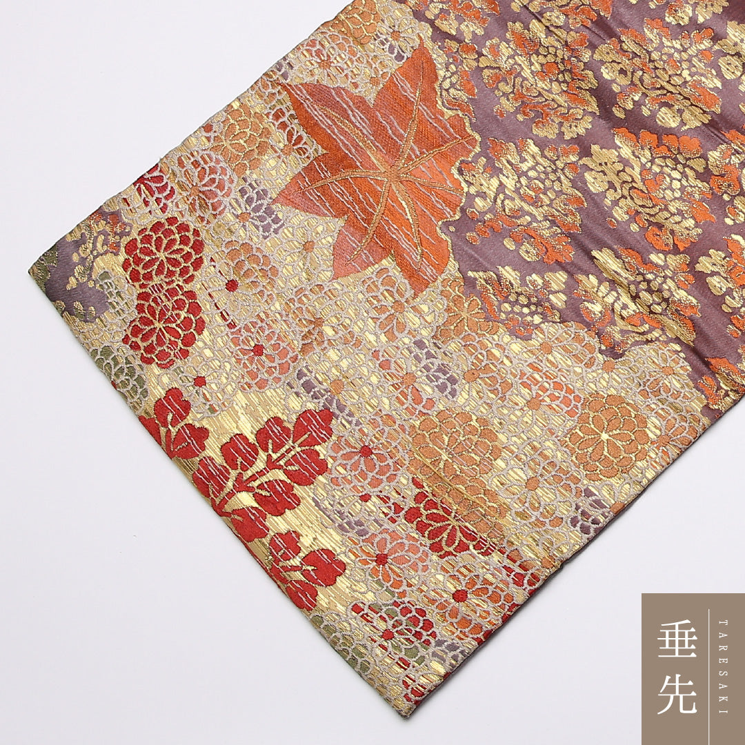 アンティーク 九寸名古屋帯 Cランク 帯丈354cm 正絹 六通 名古屋仕立て 織り 菊 桐 紅葉 金系 RP 1245-01436