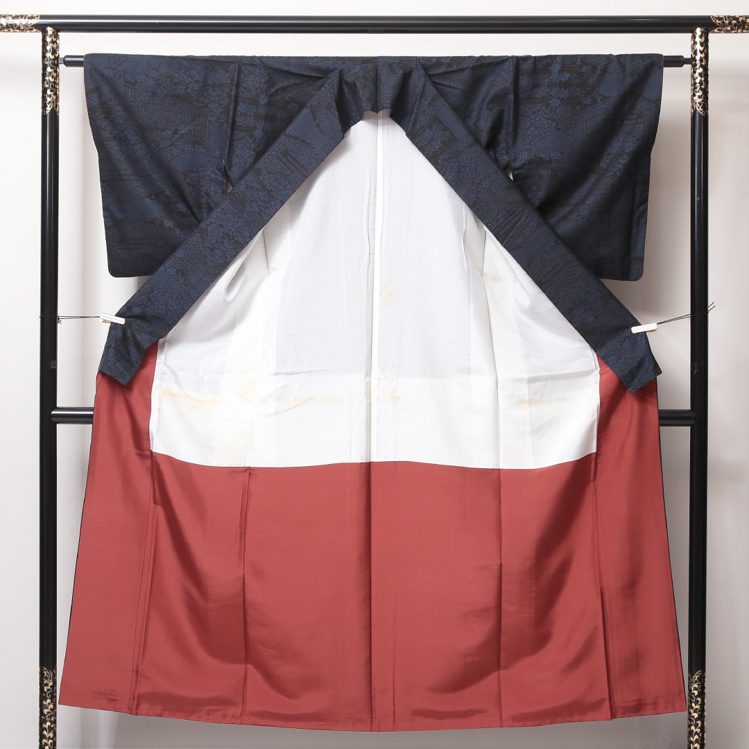 大島紬 袷 身丈152cm 裄丈62cm 正絹 Aランク インフォーマル 広衿 Sサイズ 純泥染め 証紙 御所解 紺系 RP 1223-03534