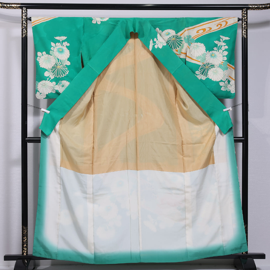 アンティーク 訪問着 袷 身丈162cm 裄丈63cm 正絹 Cランク 一つ紋 (上がり藤に扇子) 広衿 Lサイズ 金駒刺繍 流水 菊 緑系 RP 1217-11687