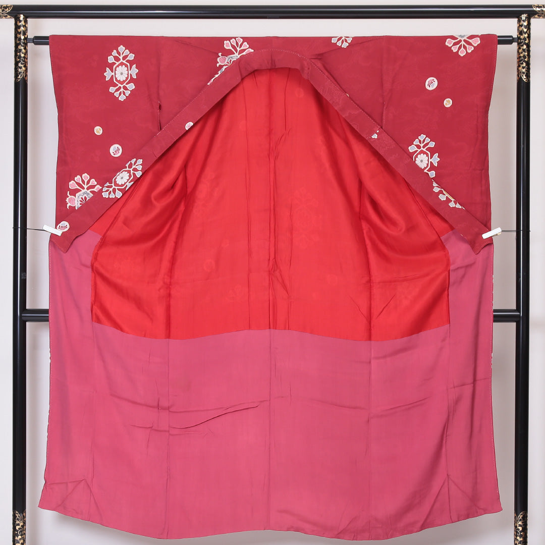 アンティーク 小紋 (錦紗) 袷 身丈147cm 裄丈62cm 正絹 Cランク 紋意匠 (吉祥文様) バチ衿 XSサイズ 花菱 赤系 RP 1221-02114