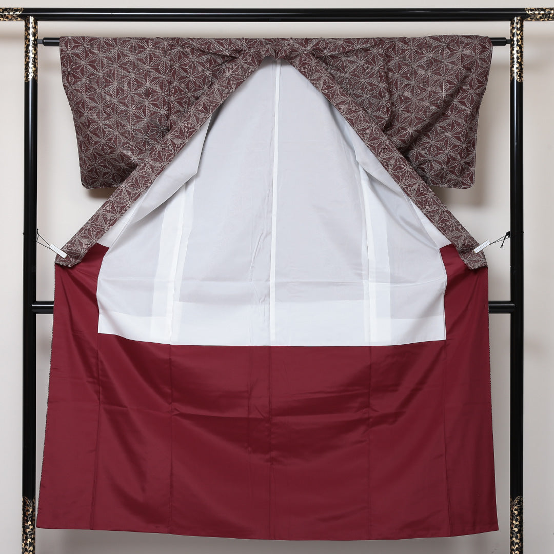 紬 袷 身丈152cm 裄63cm 正絹 赤系 Sランク 麻の葉 1216-00596-2212 1216-00596