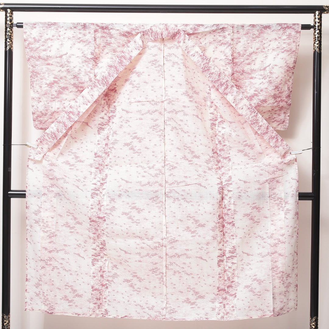 夏物 紬 夏紬 身丈144cm 裄丈63cm 正絹 Aランク カジュアル バチ衿 XSサイズ 肩当て 笹 白系 RP 1223-03503