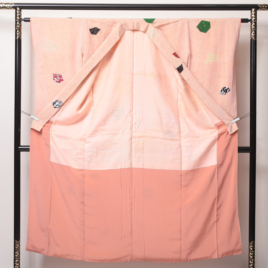 アンティーク 小紋 袷 身丈153cm 裄62cm 正絹 切嵌め ピンク系 Aランク 1215-02236