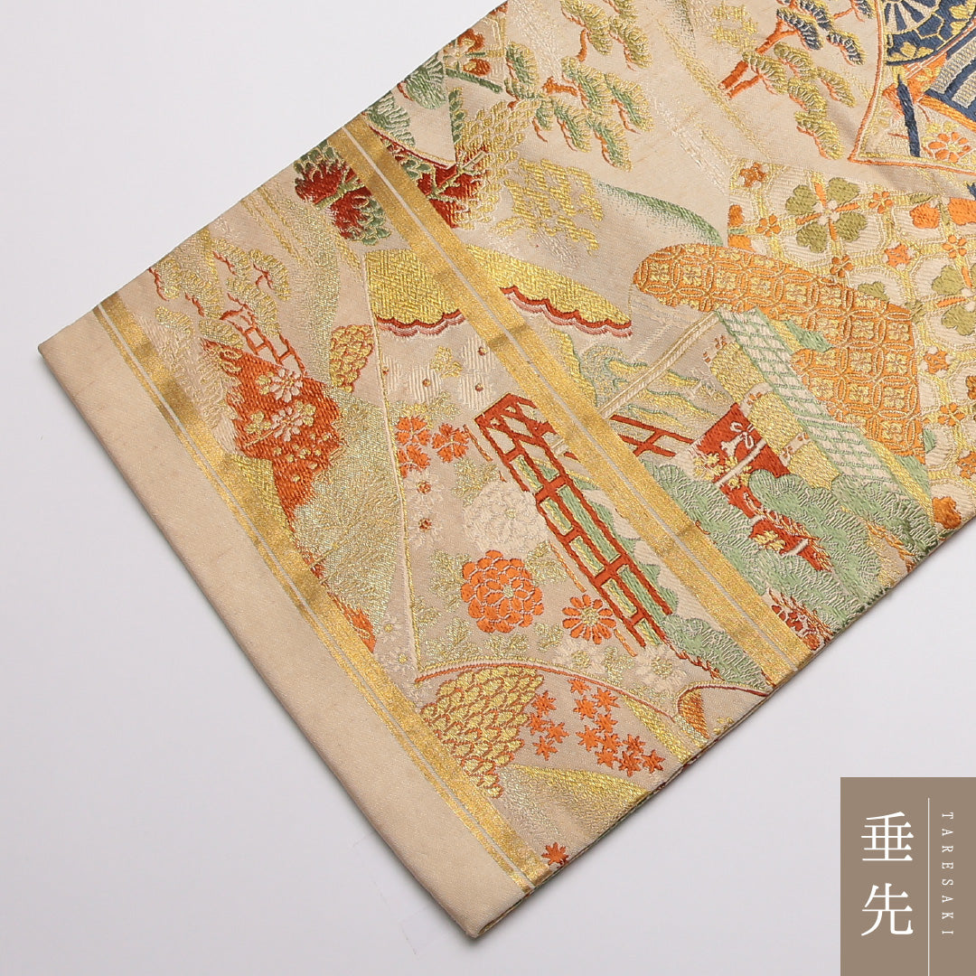 アンティーク 九寸名古屋帯 Aランク 帯丈342cm 正絹 全通 名古屋仕立て 織り 御所解 菊 紅葉 クリーム系 M4 1245-01815