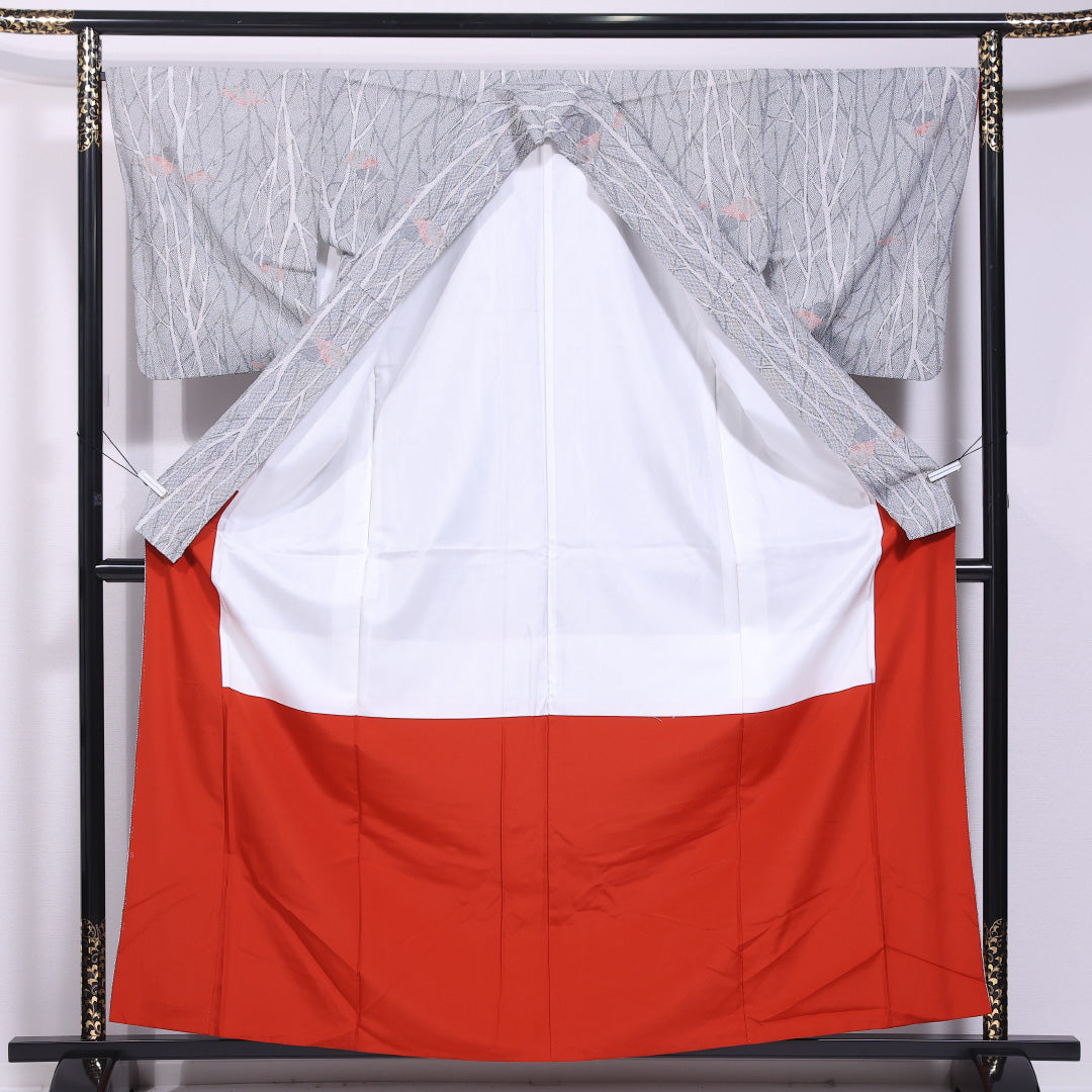 小紋 袷 身丈159cm 裄丈66cm 正絹 Cランク インフォーマル 広衿 Mサイズ 植物柄 グレー系 LP 1221-11750