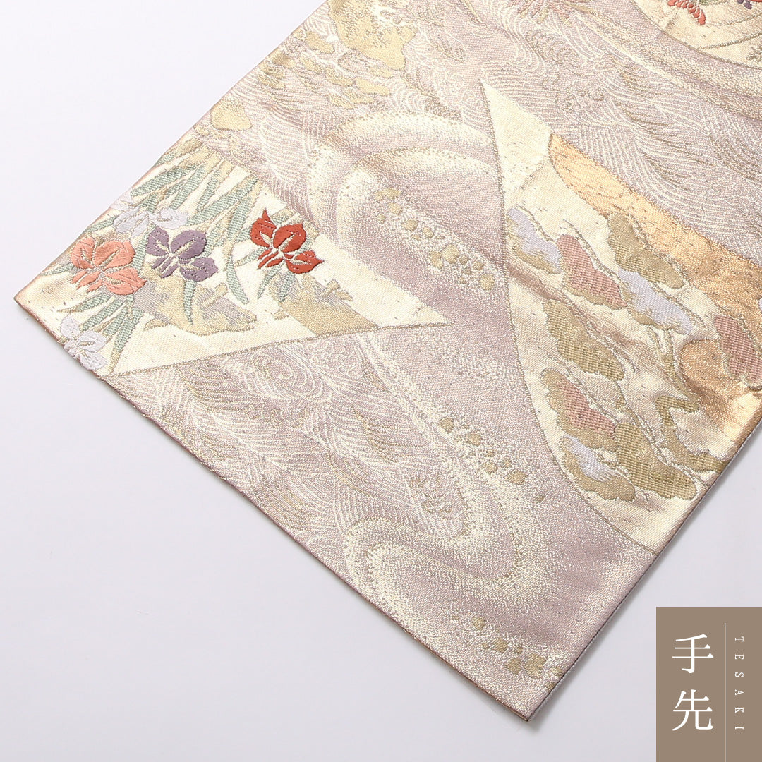 袋帯 帯丈418cm 正絹 六通 フォーマル 本金箔 鴛鴦 山水 金系 ベージュ系 1243-01688
