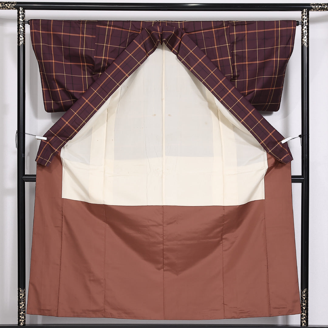 大島紬 袷 身丈157cm 裄66cm 正絹 格子 紫系 Aランク 1216-01425