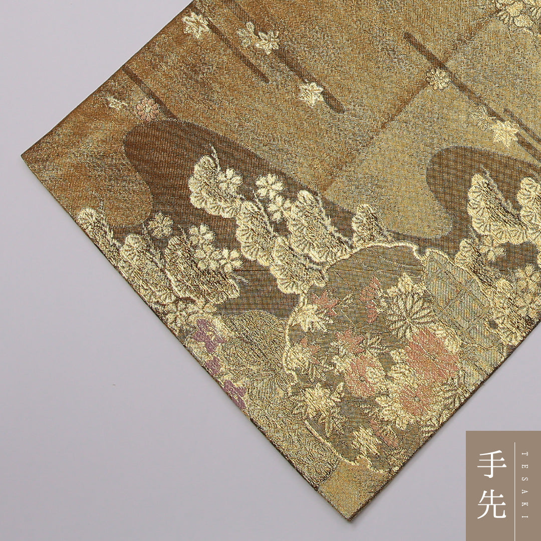 袋帯 帯丈420cm 正絹 六通 フォーマル 道長取り エ霞 四季草花 金系 1243-01154