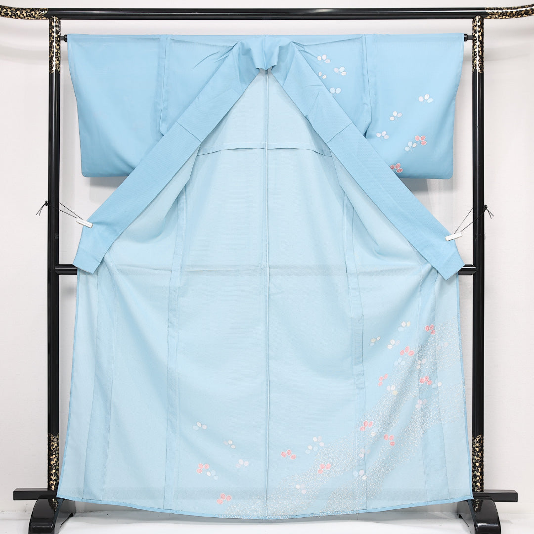夏物 訪問着 絽 身丈166cm 裄丈64cm ポリエステル 洗える着物 Aランク セミフォーマル 広衿 XLサイズ 植物柄 抽象的 爽やか 水色系 RP 1217-13386