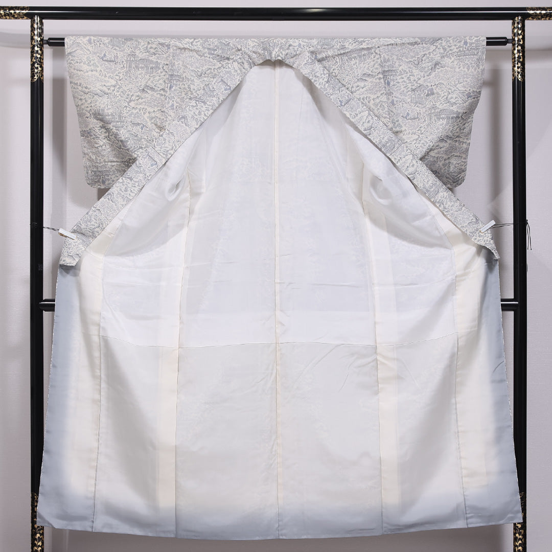紬 袷 身丈153cm 裄丈60cm 正絹 Sランク カジュアル バチ衿 Sサイズ 御所解 グレー系 RP 1223-11830