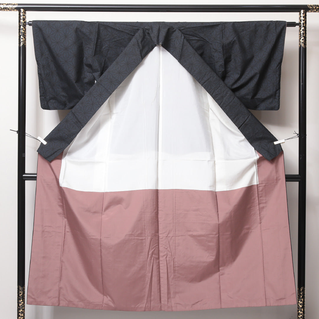 紬(大島紬) 袷 身丈150cm 裄丈62cm 正絹 Bランク Sサイズ 広衿 インフォーマル 麻の葉 紺系 1216-03527