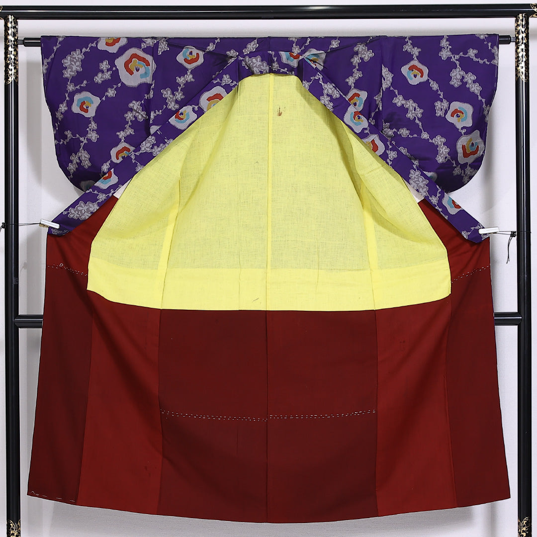 アンティーク 銘仙 紬 袷 身丈142cm 裄62.5cm 正絹 花柄 紫系 Dランク 1216-01432
