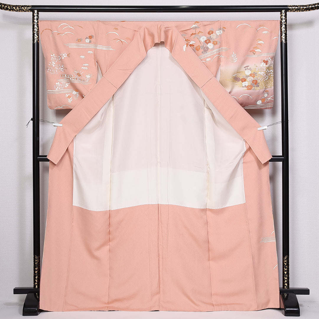 訪問着 身丈170cm 裄丈67.5cm 正絹 Aランク 袷 広衿 菊 観世水 菖蒲 萩 笹 芝草 1212-10426