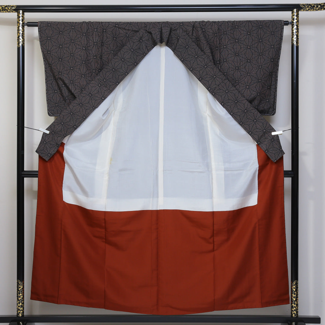 紬 袷 身丈155cm 裄丈63cm 正絹 Sランク カジュアル 広衿 Mサイズ 麻の葉 茶系 RP 1223-03149