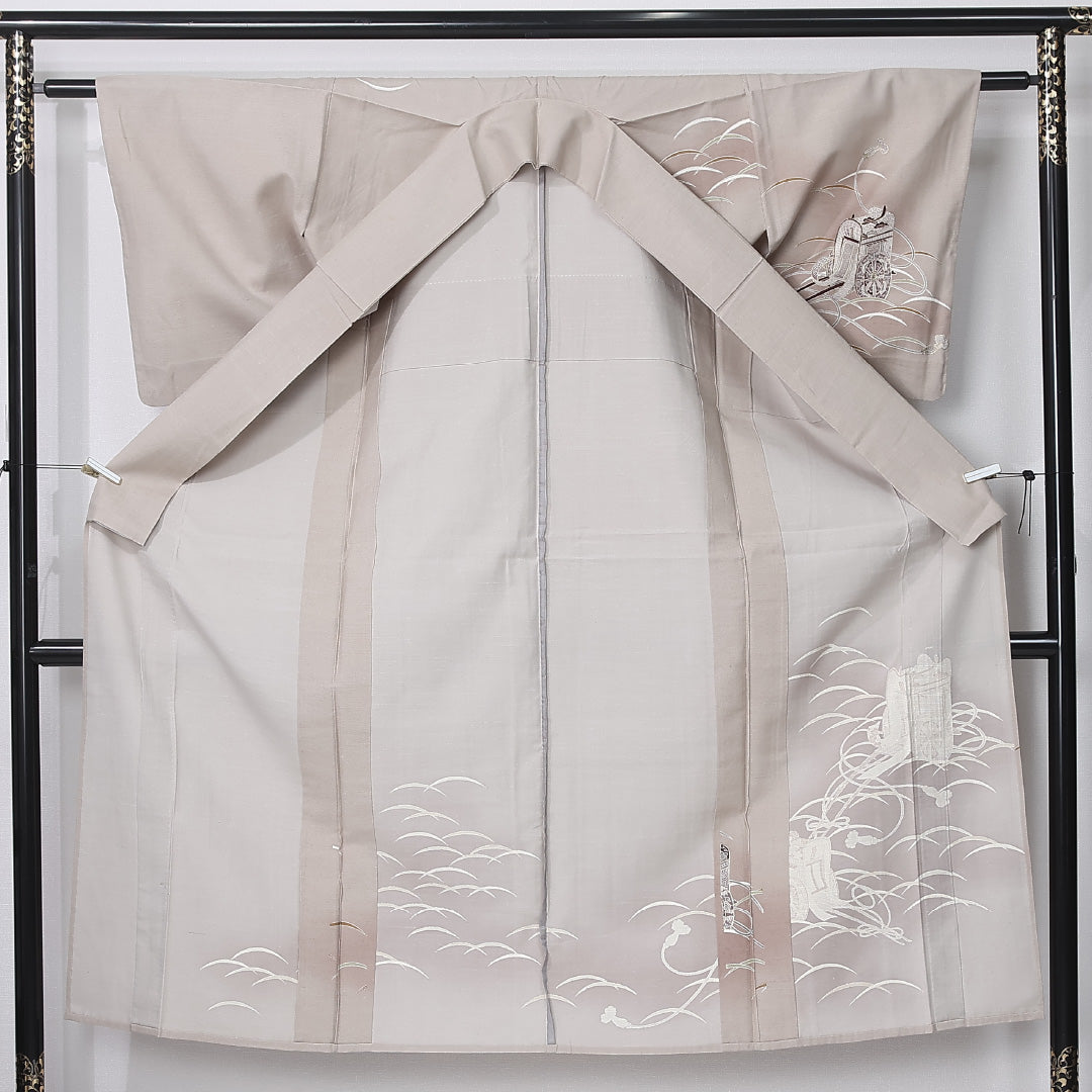 訪問着 身丈142cm 裄丈59.5cm Aランク XS 正絹 単衣 広衿 御所車 ぼかし染 染紬 セミフォーマル 茶系 1212-12219