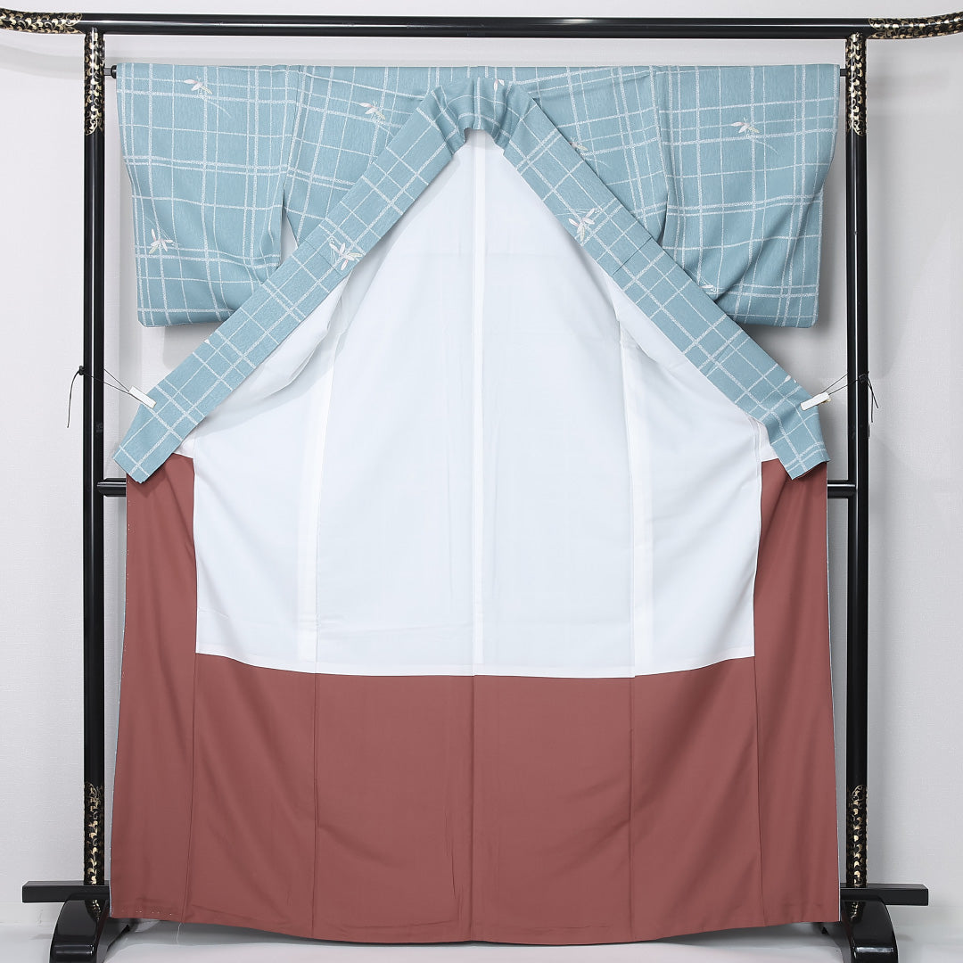 洗える着物 小紋 袷 身丈167cm 裄丈65cm ポリエステル Sランク インフォーマル 広衿 XLサイズ 格子 笹 水色系 RP 1221-12392