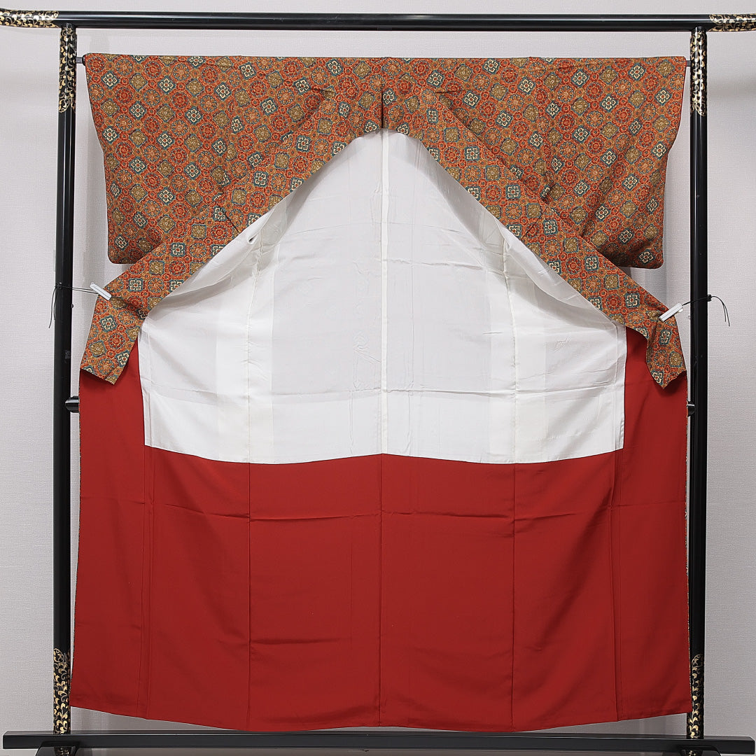 小紋 袷 身丈159cm 裄丈66cm 正絹 Aランク インフォーマル 広衿 Mサイズ 唐華 茶系 RP 1221-15620