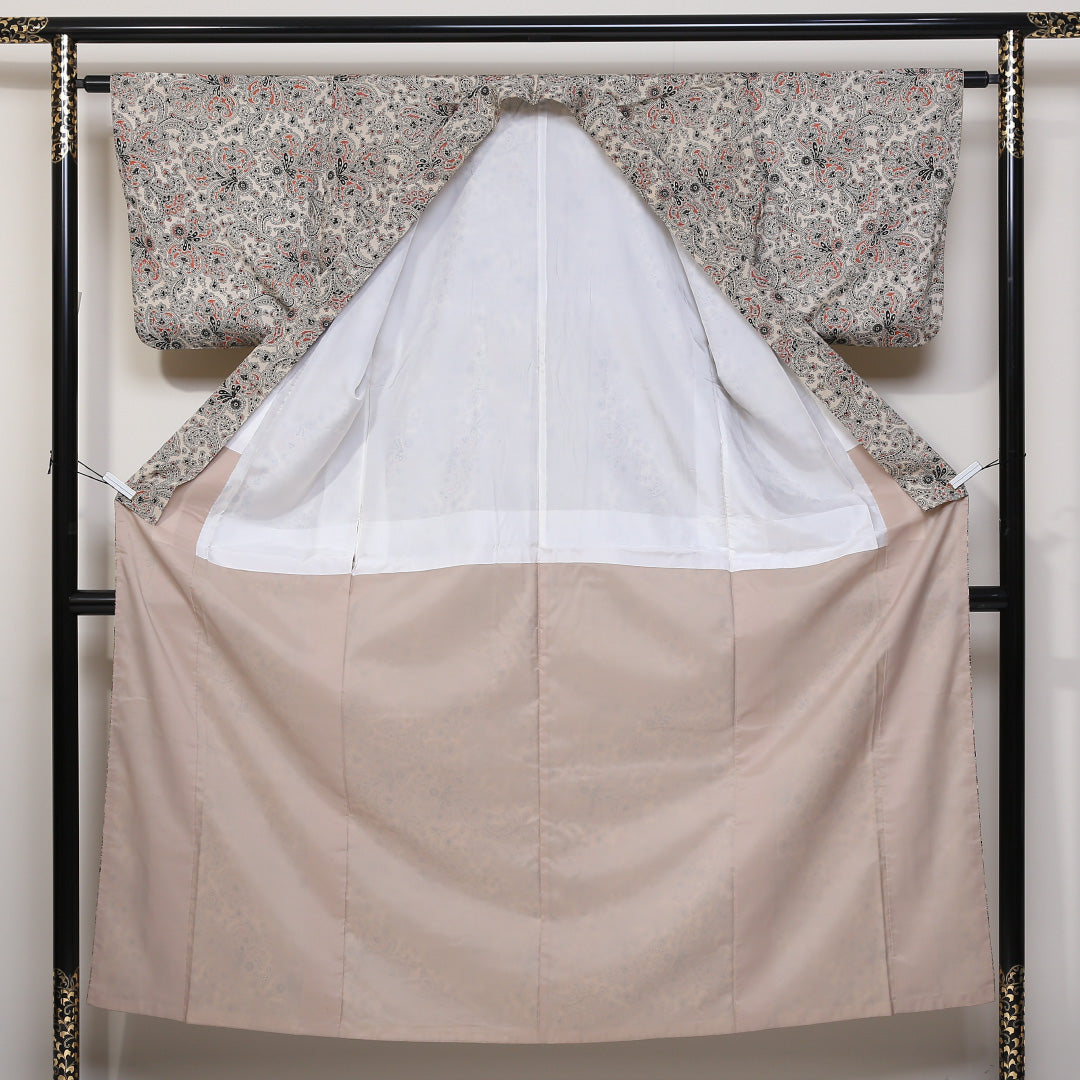 小紋 袷 身丈150cm 裄62.5cm 白系 モダン ボタニカル 正絹 Cランク 1215-01673-5211