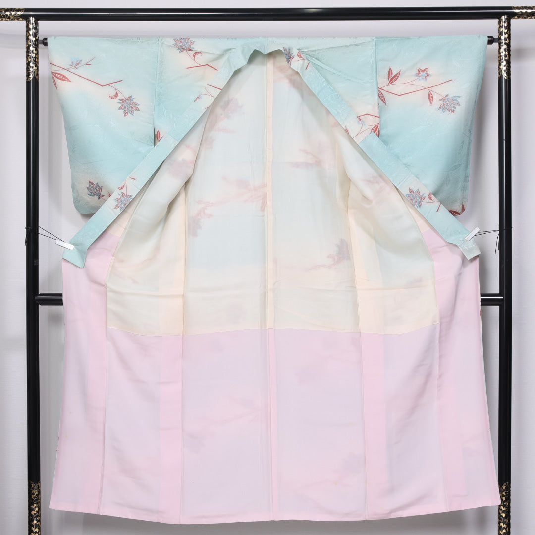 アンティーク お召 袷 身丈150cm 裄丈64cm 正絹 Bランク 広衿 Sサイズ ぼかし染 唐華 水色系 M4 1222-11418