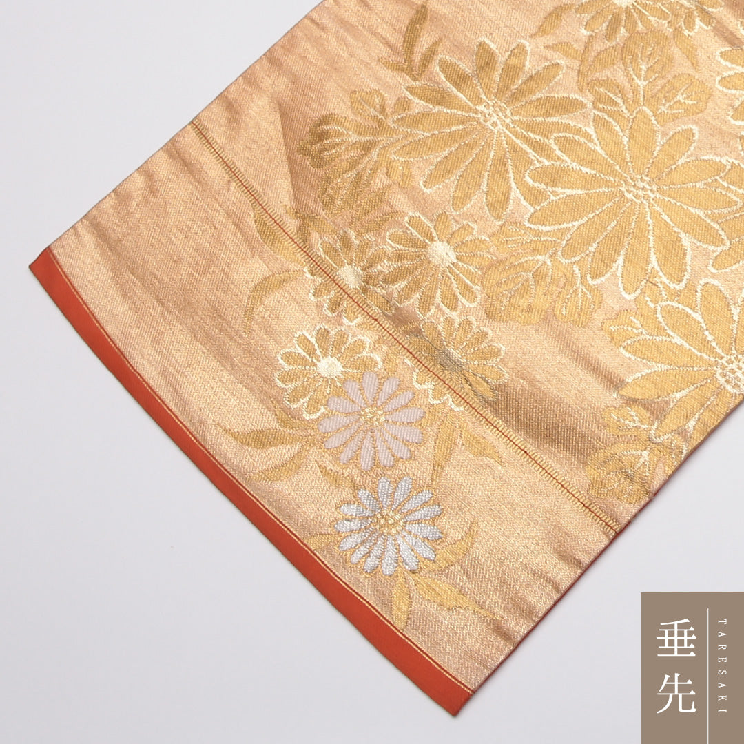 アンティーク 九寸名古屋帯 帯丈353cm 正絹 六通 名古屋仕立て 織り 菊 朱系 RP 1245-01629
