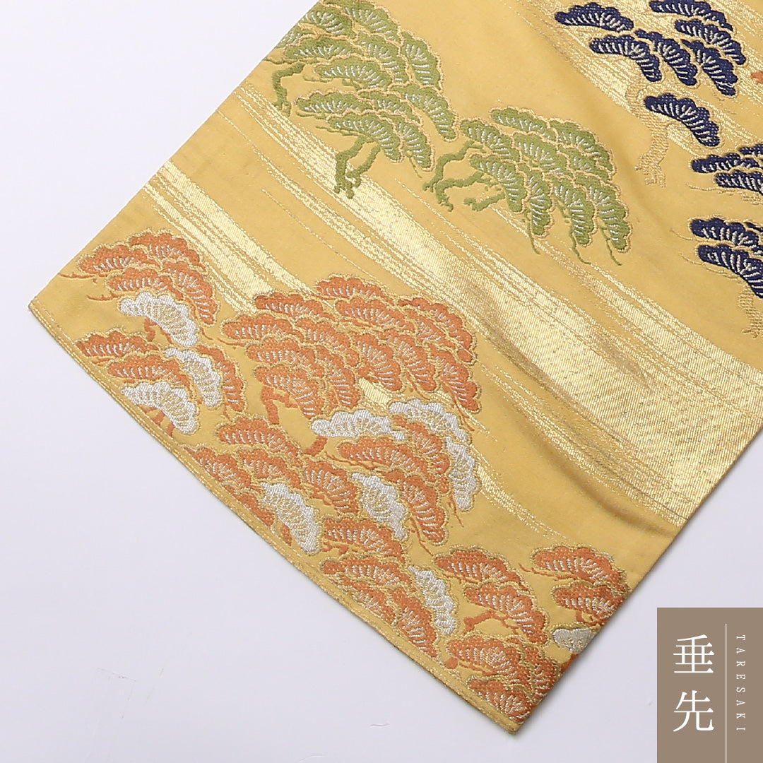 アンティーク 九寸名古屋帯 Aランク 帯丈337cm 正絹 六通 名古屋仕立て 帯芯なし 織り 松 黄系 RP 1245-02556