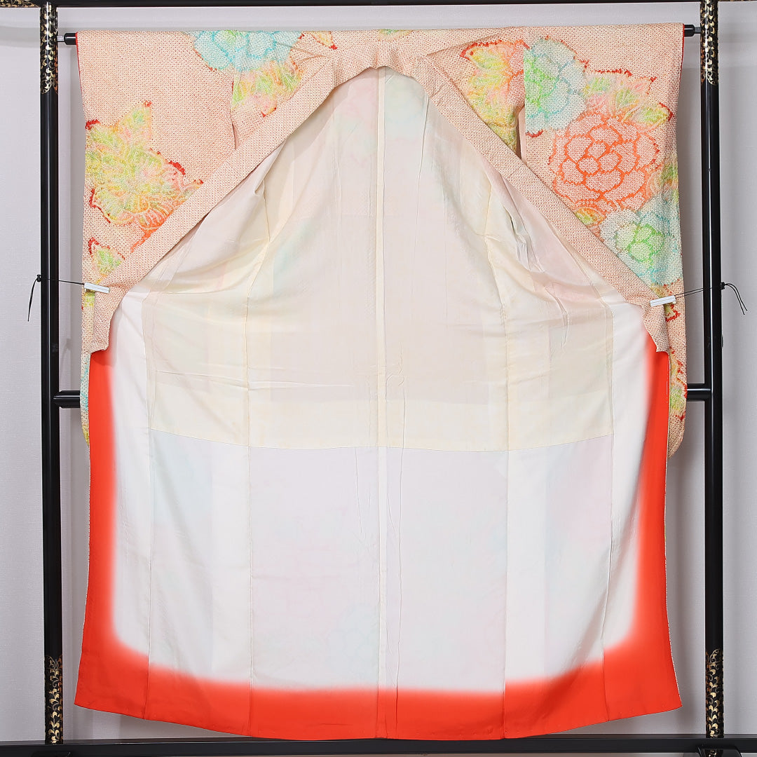振袖 (総絞り) 身丈157cm 裄丈65cm Bランク 正絹 袷 バチ衿 M 牡丹 フォーマル 古典的 優しい 朱系 1213-F0458