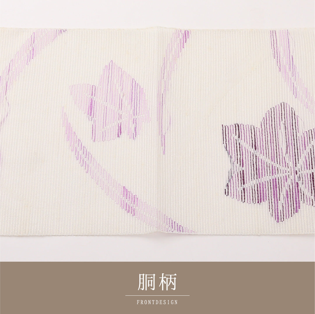 夏物 名古屋帯 六通 帯丈373cm カジュアル Cランク 正絹 絽 楓 クリーム系 1224-02296