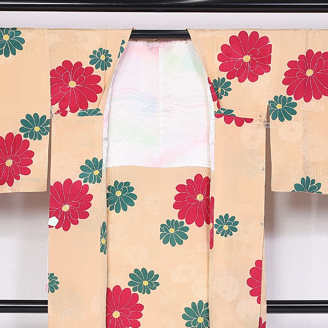 道行コート 袷 身丈87cm 裄丈64cm 正絹 Aランク セミフォーマル Mサイズ ポケットあり 菊 クリーム系 RP 1237-10277