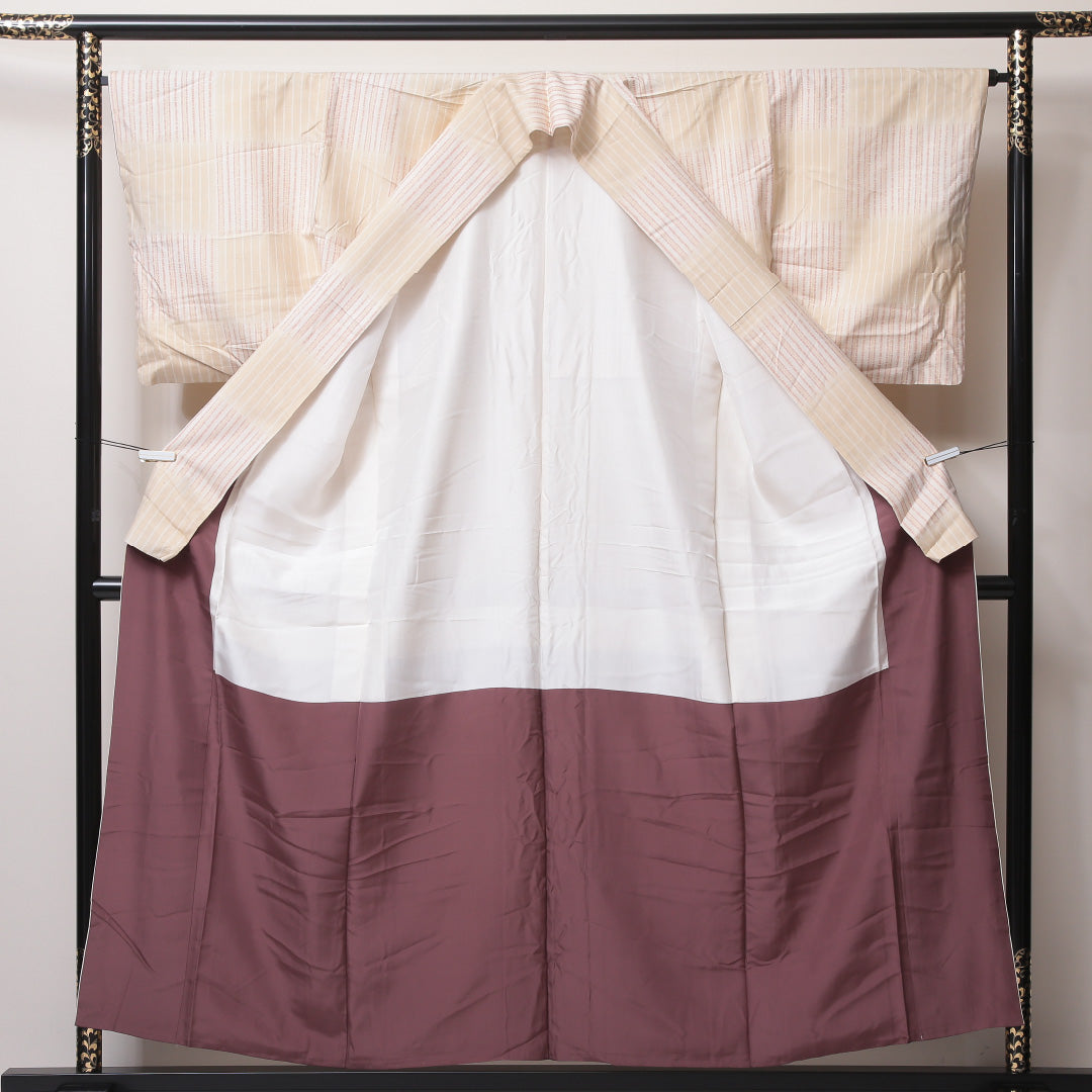 紬 袷 身丈155cm 裄丈65cm 正絹 Sランク カジュアル 広衿 Mサイズ 縞 クリーム系 RP 1223-03518