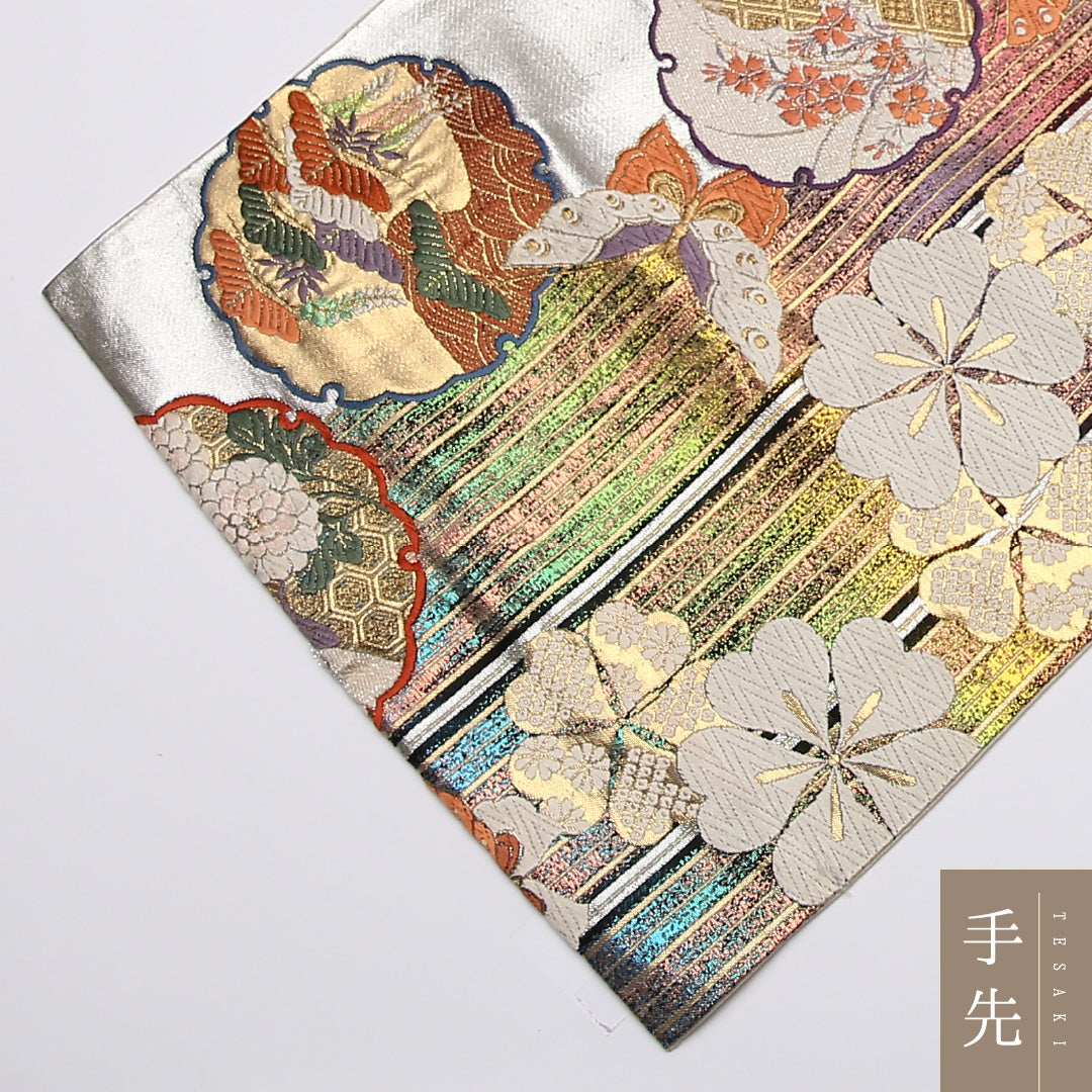 振袖帯 袋帯 帯丈418cm 六通 雪輪 桜 フォーマル 銀系 正絹 Bランク 1223-01084