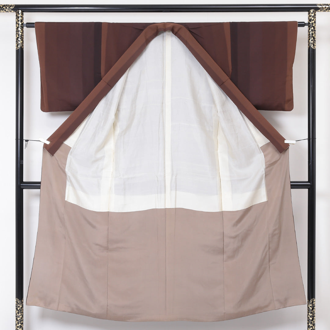 小紋 袷 身丈148cm 裄63cm 茶系 縞 正絹 Bランク 1215-01829-4114