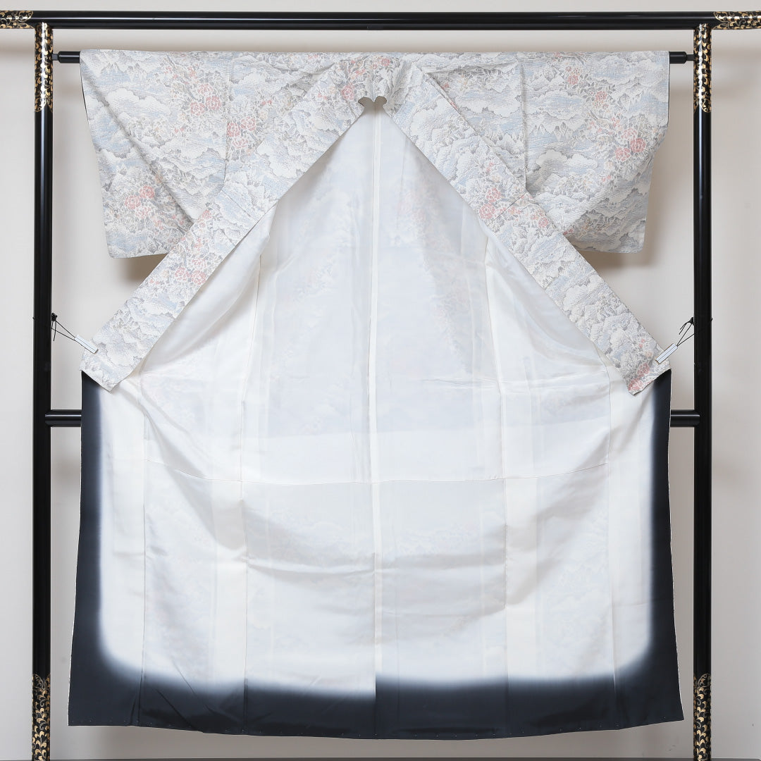紬 袷 身丈156cm 裄61cm 正絹 白系 Sランク 真綿紬 花柄 山 雲取 1216-00572-2311 1216-00572