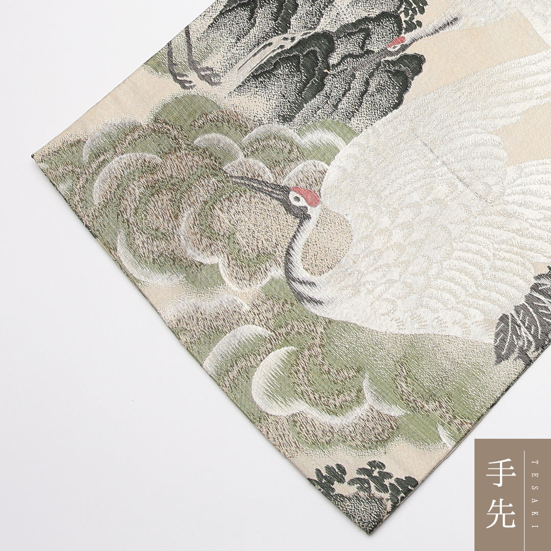 アンティーク 丸帯 帯丈344cm 正絹 全通 雲鶴 山水 楼閣 クリーム系 1242-01194