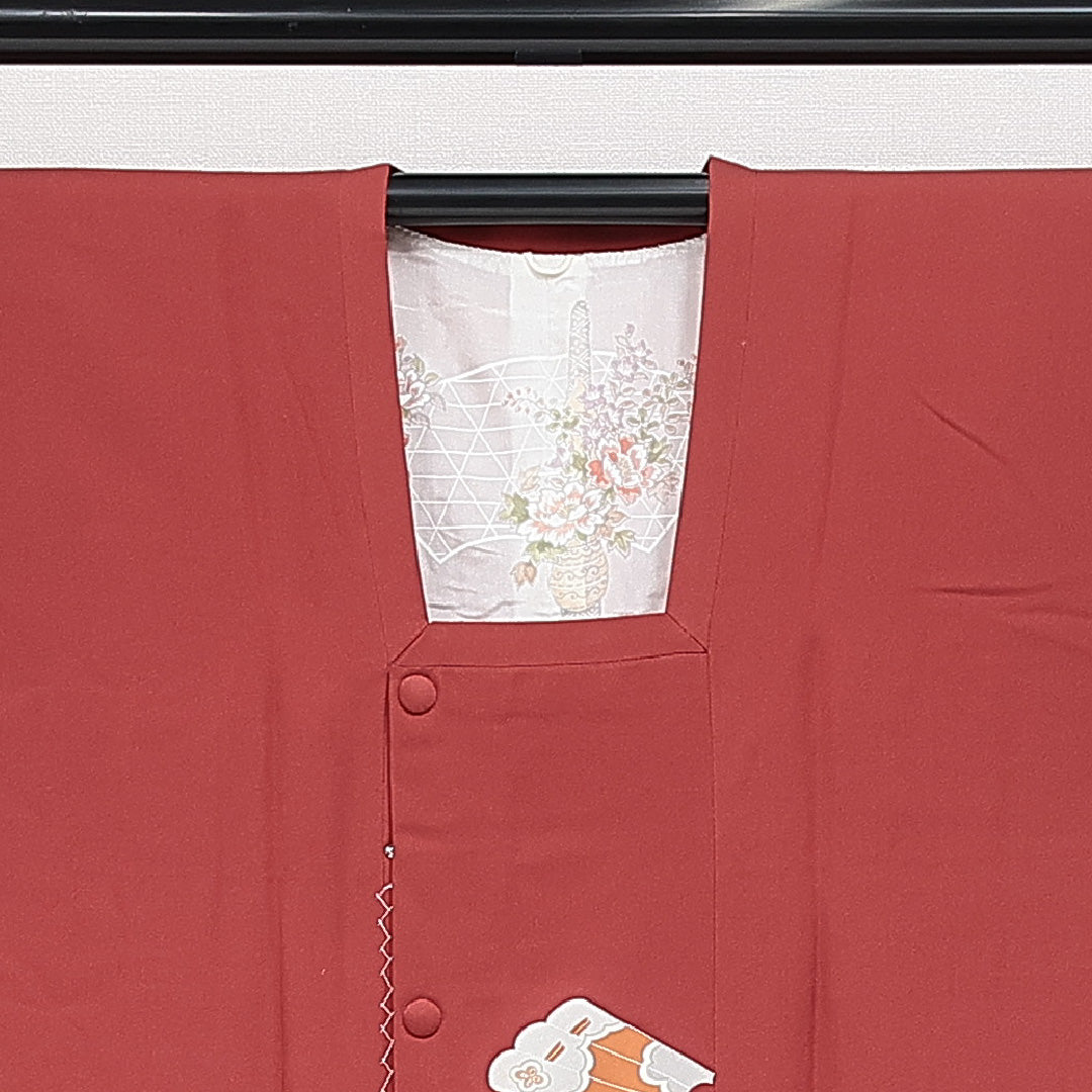 道行コート 袷 身丈89cm 裄丈65cm 正絹 Sランク カジュアル Mサイズ ポケットあり 扇 赤系 RP 1237-14632