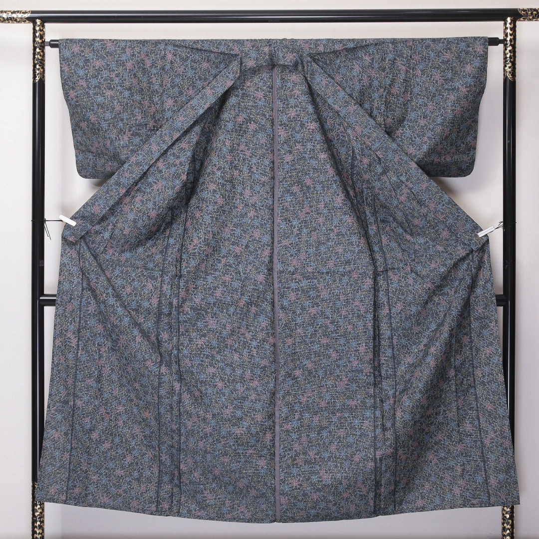 紬 単衣 身丈153cm 裄63.5cm 正絹 ボタニカル グレー系 Sランク 1216-00964